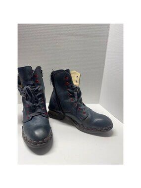 Rovers 42003 Blue Leather Lace Up Side Zip Ankle Boots Red Hardware Size 41